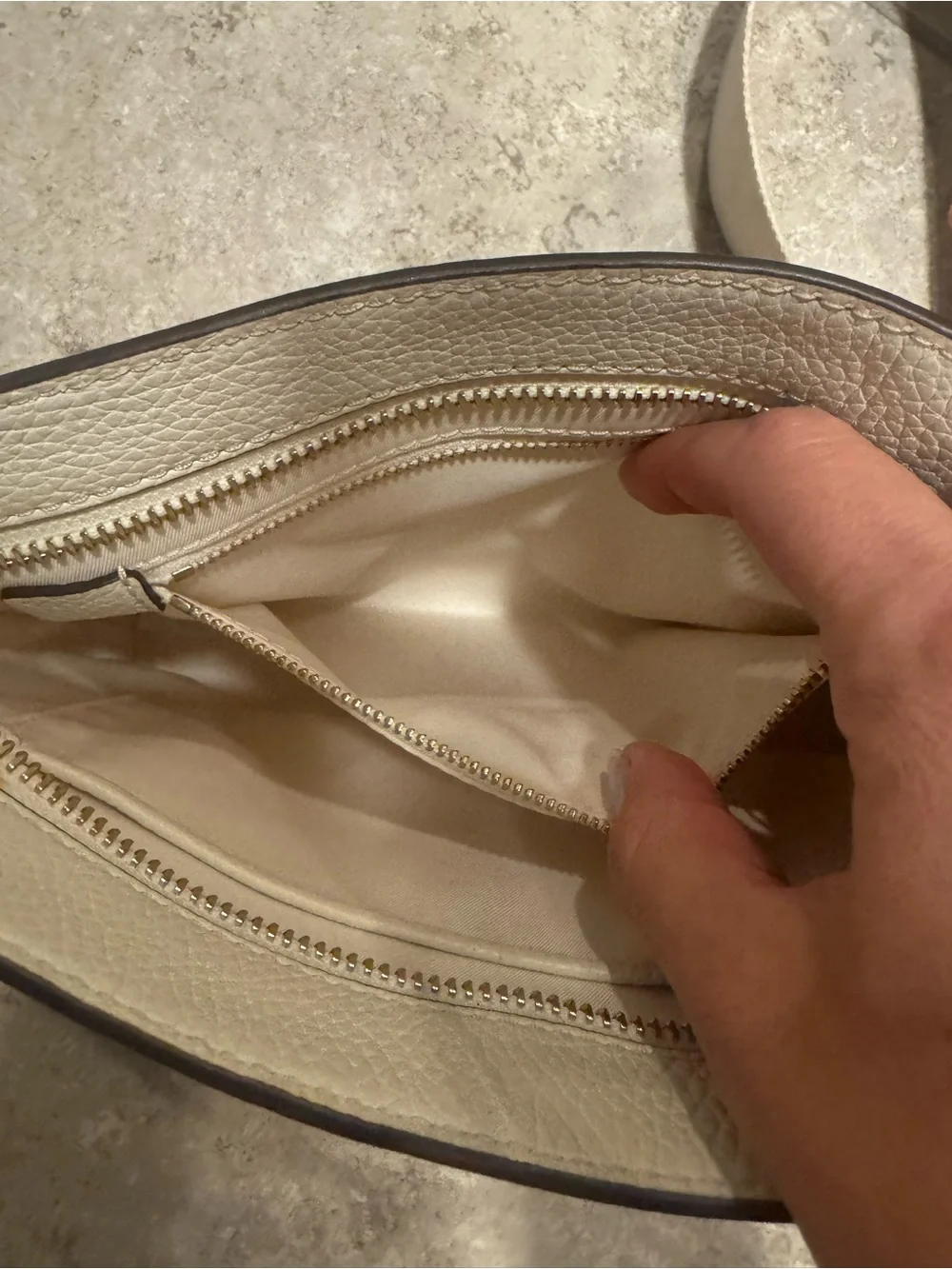 Tory Burch Off-White Pebbled Leather Crossbody with Canvas Strap